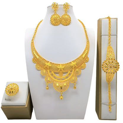 24K Gold Jewelry Suit Necklace Bracelet Earrings Four-piece Ring Set