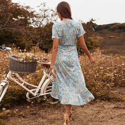 V Neck Tie Slim Short Sleeve High Waist Print Ladies Dress