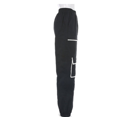 White Stripe Cargo Pants Women Trousers Pockets Patchwork Contrast Color High Waist Pants Hip Hop Capris