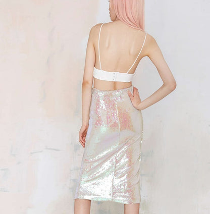 HDY Haoduoyi Women Summer Fashion Retro High Waist Skirt Sequined Pencil Bodycon Skirts