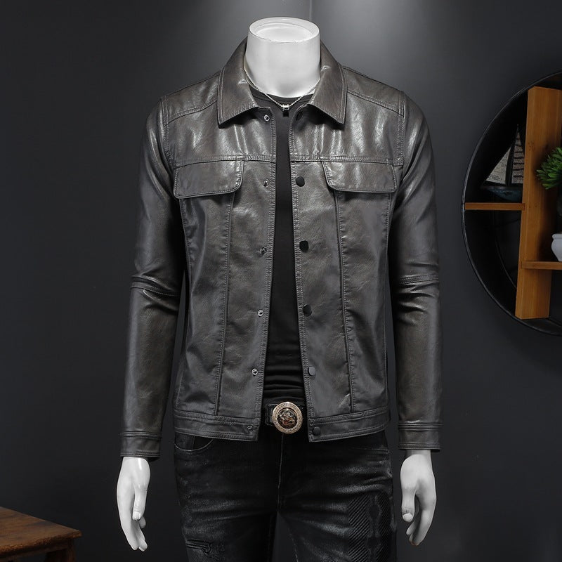 Mens Long-Sleeved Lapel Motorcycle PU Handsome Leather Coat Refined Rider