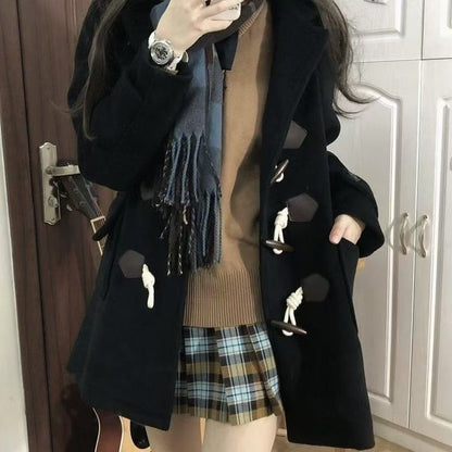 Japanese Jk Hooded Horn Button Woolen Coat