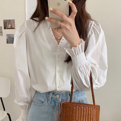 V Neck Pleated Fungus Trimmed Puff Sleeves