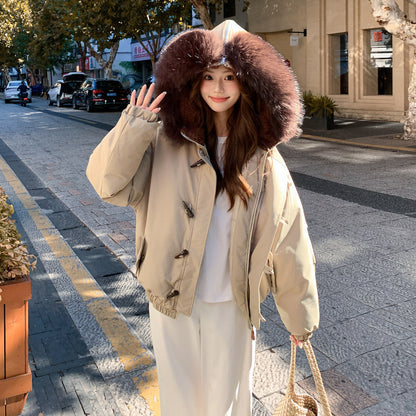 Big Fur Collar Hooded Horn Button Cotton-padded Jacket Women's Casual Loose