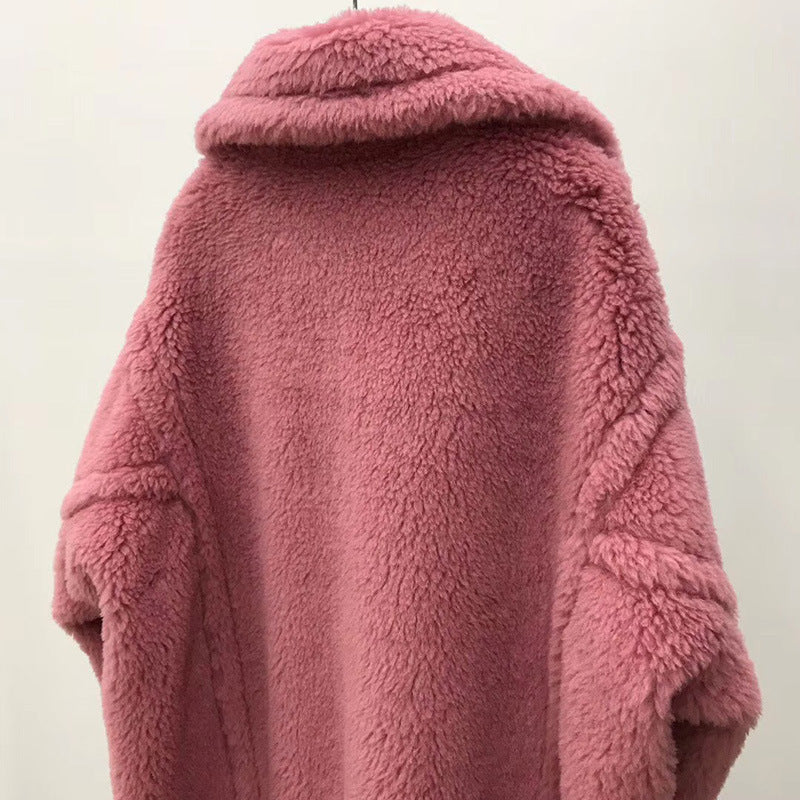 Women's Long Pink Wool Alpaca Fleecefiber Fur Coat