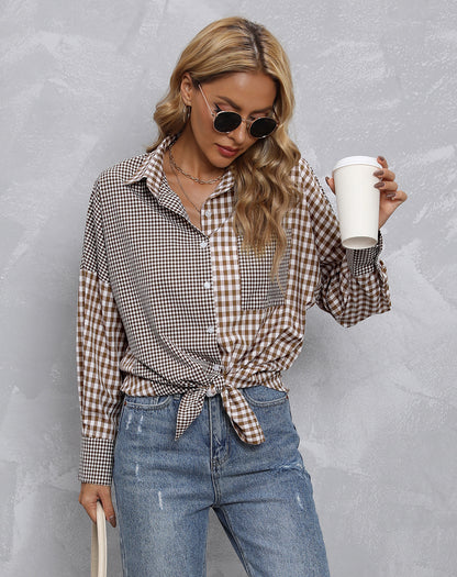 Lapel Plaid Colorblock Loose Casual Shirt