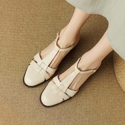 Female T-type Belt Hollow-out Chunky Heel Round-toe Sandles