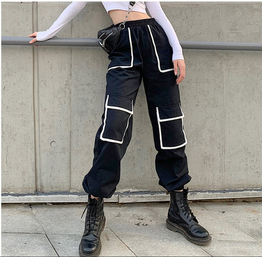 White Stripe Cargo Pants Women Trousers Pockets Patchwork Contrast Color High Waist Pants Hip Hop Capris