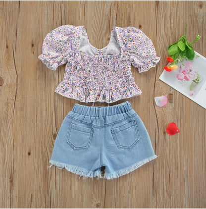 Girls' Fashionable Simple Short-sleeved Floral Denim Shorts Suit