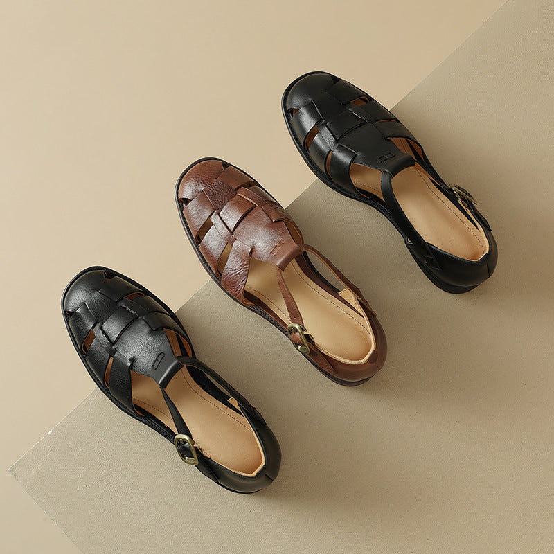Round Toe Low Heel Leather French Retro Roman Sandals Flat Women's