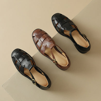 Round Toe Low Heel Leather French Retro Roman Sandals Flat Women's