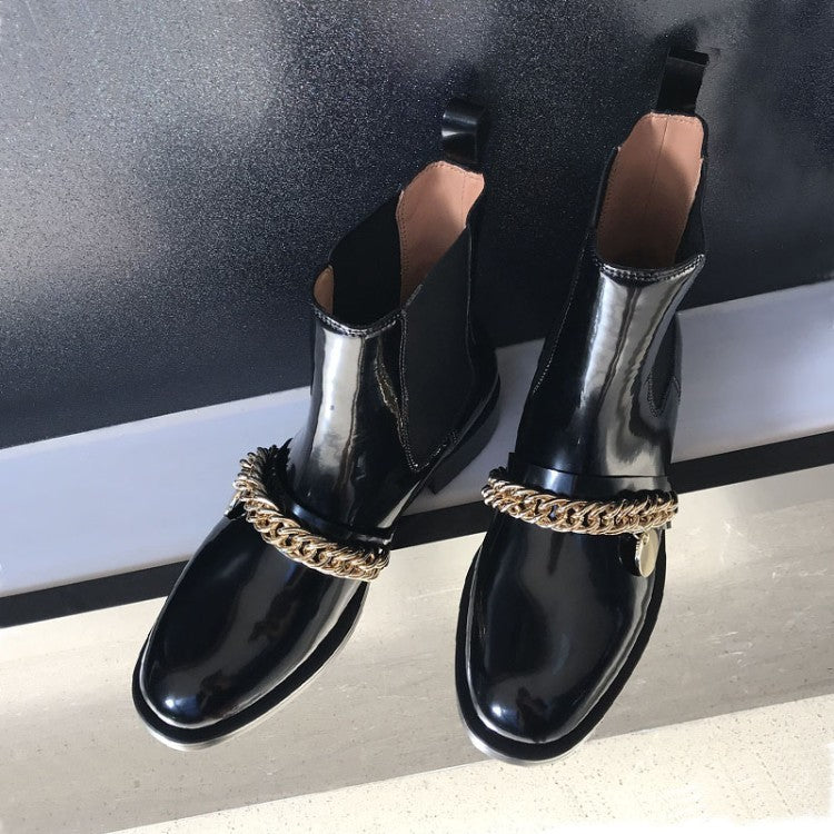 Round toe personality metal chain flat mid-heel women's boots