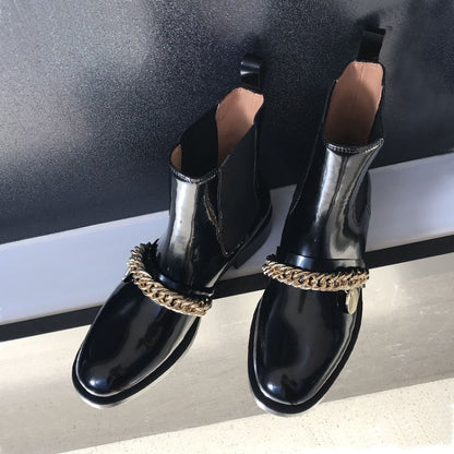 Round toe personality metal chain flat mid-heel women's boots
