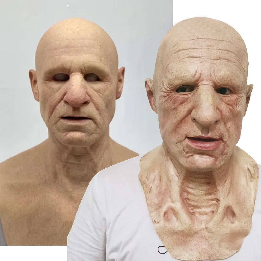 Realistic Old Man Halloween Mask | White Hair & Beard Full-Head Costume Headpiece