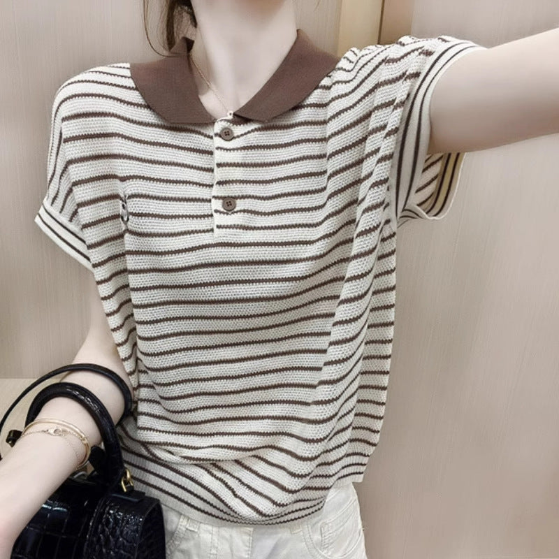 Ice Silk Short Sleeve Striped Embroidery Contrast Color Button Polo