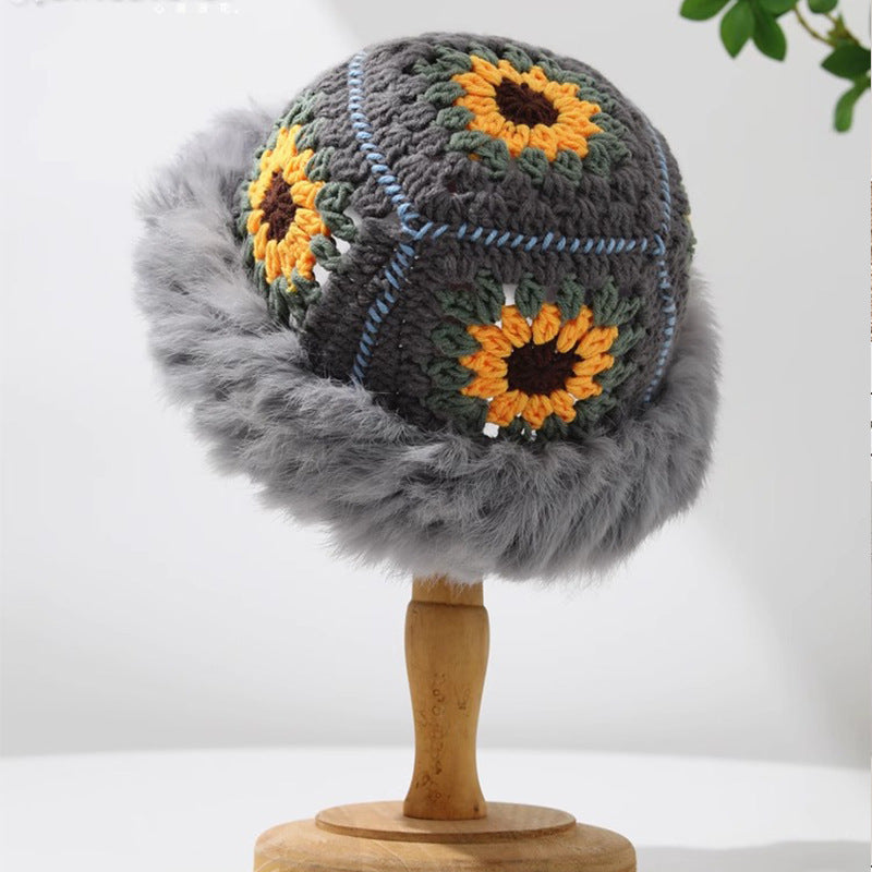 Rabbit Fur Knitted Warm-keeping And Cold-proof Handmade Crochet Bucket Hat