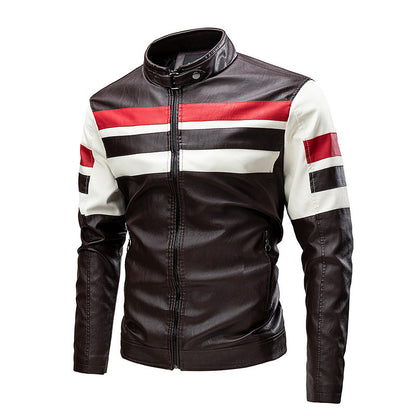 Motorcycle Stitching Leather Jacket Men Stand Collar Retro Vintage Edge