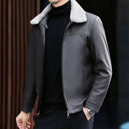 Leather Down Jacket Mens Autumn Winter Thickened Middle-Age Elegance