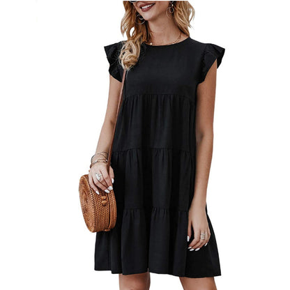 Ladies Solid Color Round Neck Short Sleeve Casual Dress