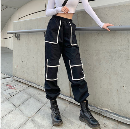 White Stripe Cargo Pants Women Trousers Pockets Patchwork Contrast Color High Waist Pants Hip Hop Capris