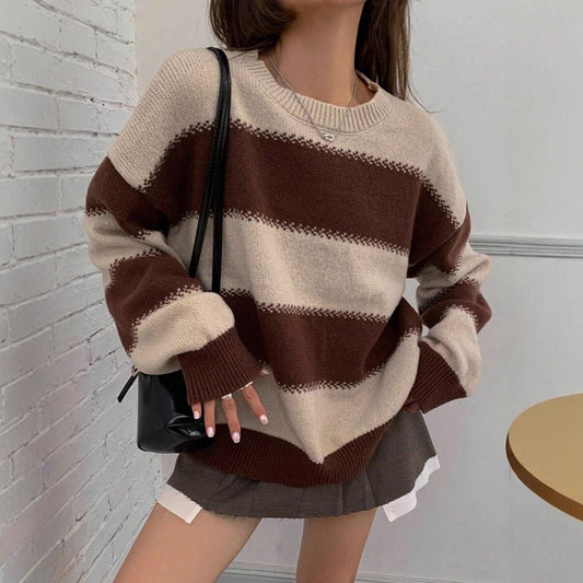 Idle Style Striped Contrast Color Autumn Round Neck Pullover Dinified Sweater