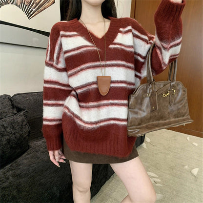 Korean Style Retro V-neck Striped Loose Sweater