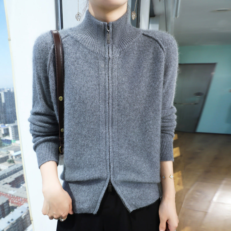Seven-pin Thickened Double Zipper Half Turtleneck Knitted Cardigan Coat Sweater