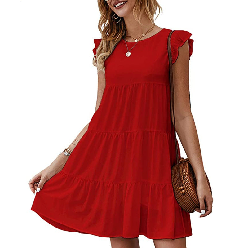 Ladies Solid Color Round Neck Short Sleeve Casual Dress