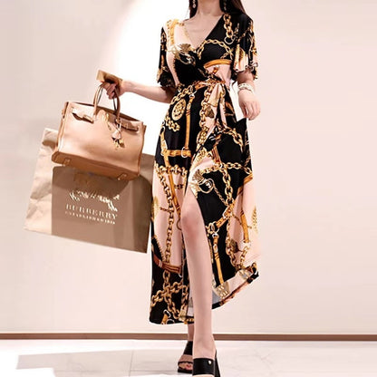 Printed Dress For Woman Elegant V-neck Gold Necklace Lace-up Waist