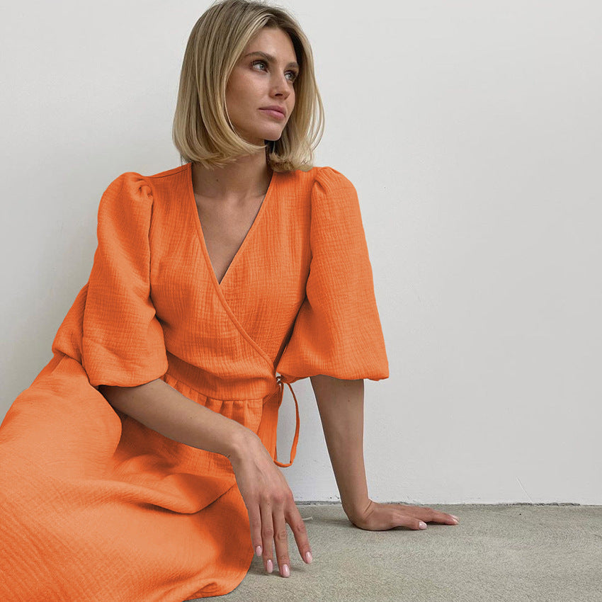 Fashion Ladies Lace Up Short Sleeve Puff Sleeve Dress