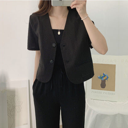 Women's Simple Deep V-neck Cotton Linen Casual Jacket