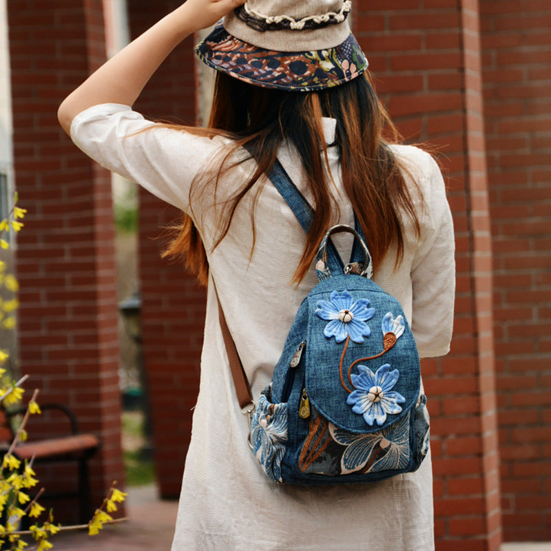 Women's Cotton Linen Canvas Ethnic Handicraft Tie-dyed Blue Art Backpack
