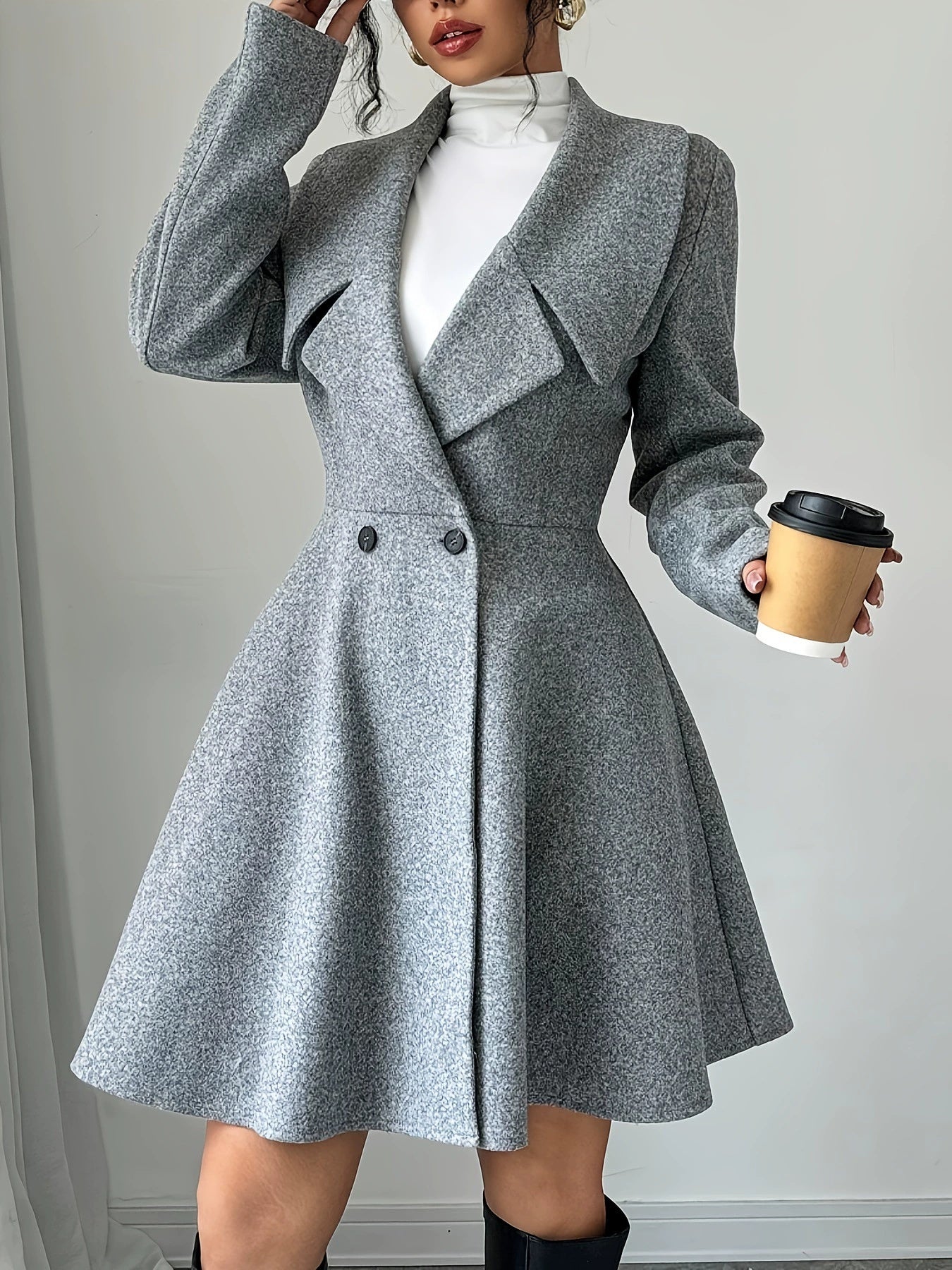 Wool Coat With A Cinched Waist Dress Design, Elegant Long Sleeves