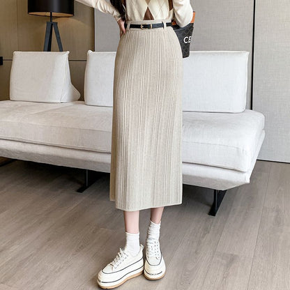 French Stripe Slit Knitted High Waist Sheath Straight Skirt