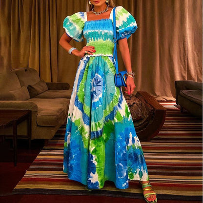 Women's Bubble Sleeve Printed Sexy Long Dress