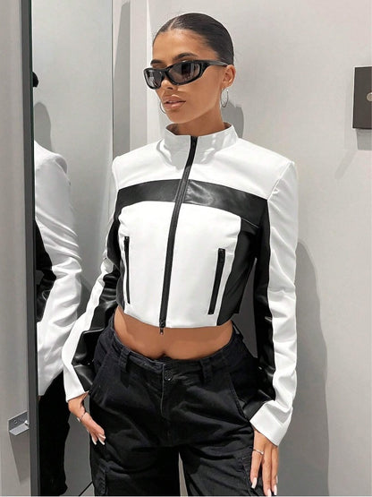 Black And White Contrast Color Leather Coat Women's Zipper Short Slim Jacket