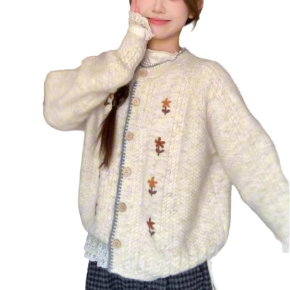 Japanese Style Soft Glutinous High-grade Round Neck Flower Knitted Cardigan Sweater Coat For Women
