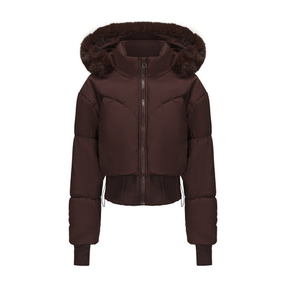 Women's Waist-tight Big Fur Collar Hooded Short Cotton Jacket