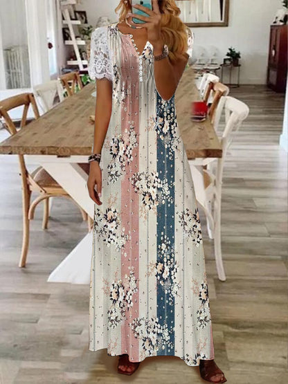 Printed Lace Sleeve Short Sleeve Dress