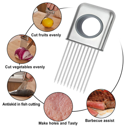 Stainless Steel Onion Holder & Slicer | Safe Tomato & Vegetable Cutting Guide