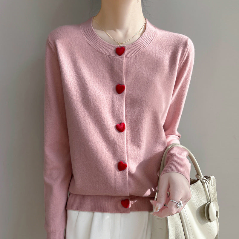 Round Neck Cardigan Red Heart Buckle Sweater For Women