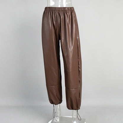 Drawstring Ankle-tied Bloomers Loose Leather Pants PU Leather Trousers