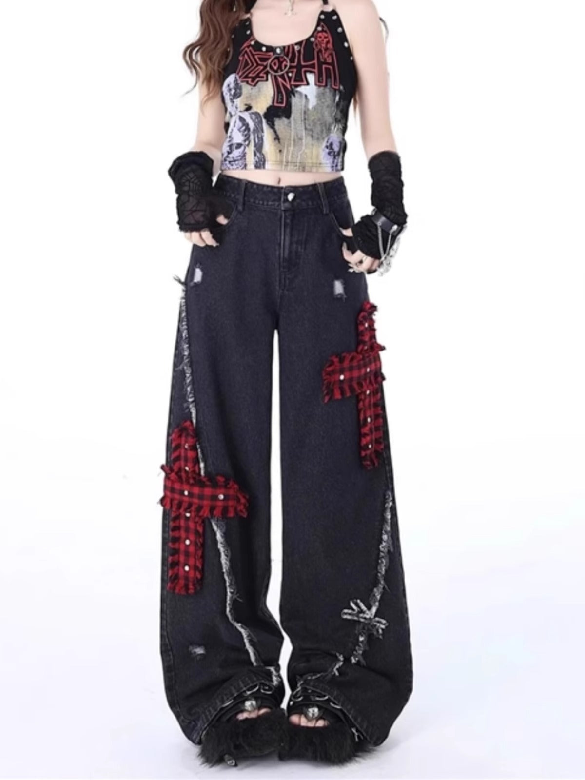 Retro Tattered Stitching Red Plaid Jeans