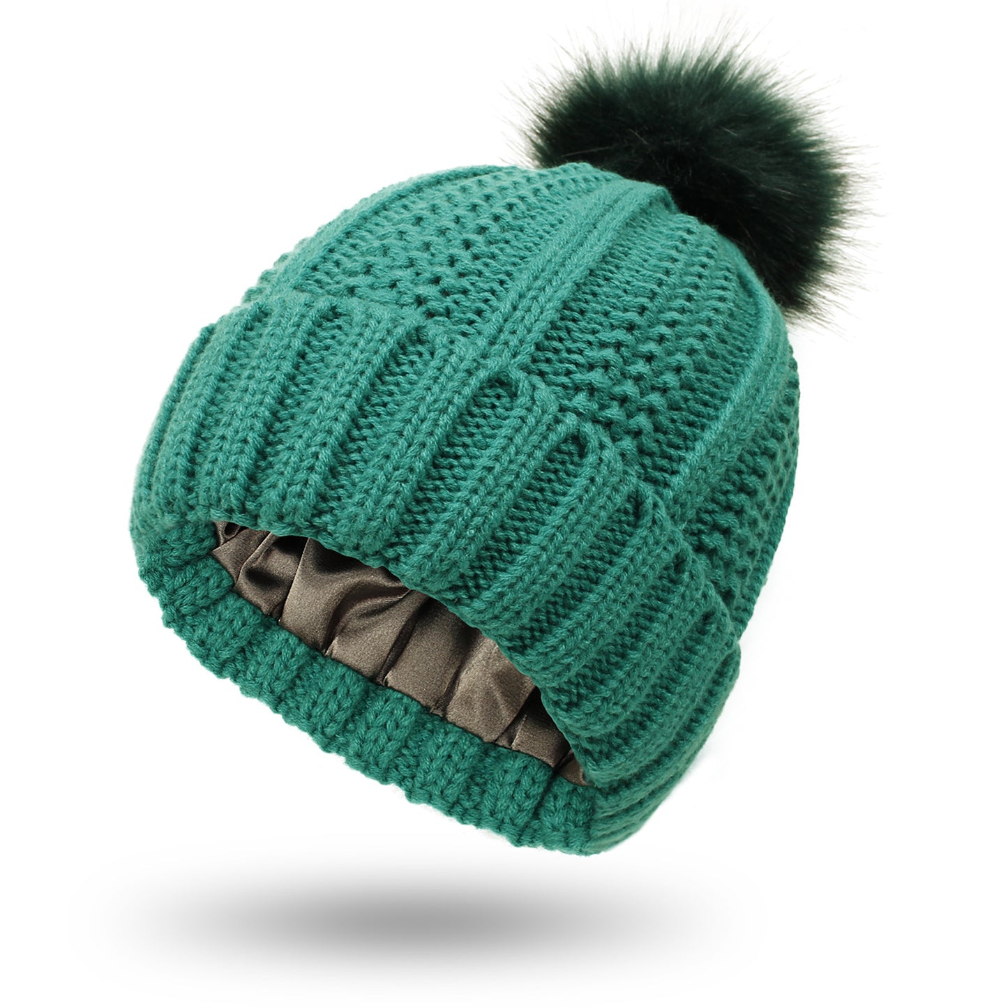 Faux Fur Pom-Pom Beanie Hat | Women's Fleece-Lined Stretchy Knit Winter Skull Cap