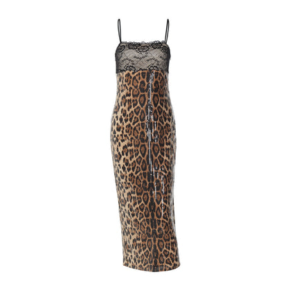 Fashion Lace Patchwork Slit Bandeau Sling Leopard Print Dress