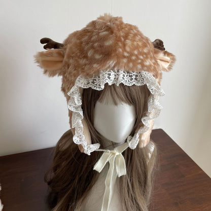 Girls Dress Up Plush Elk Warm Earflaps Cap