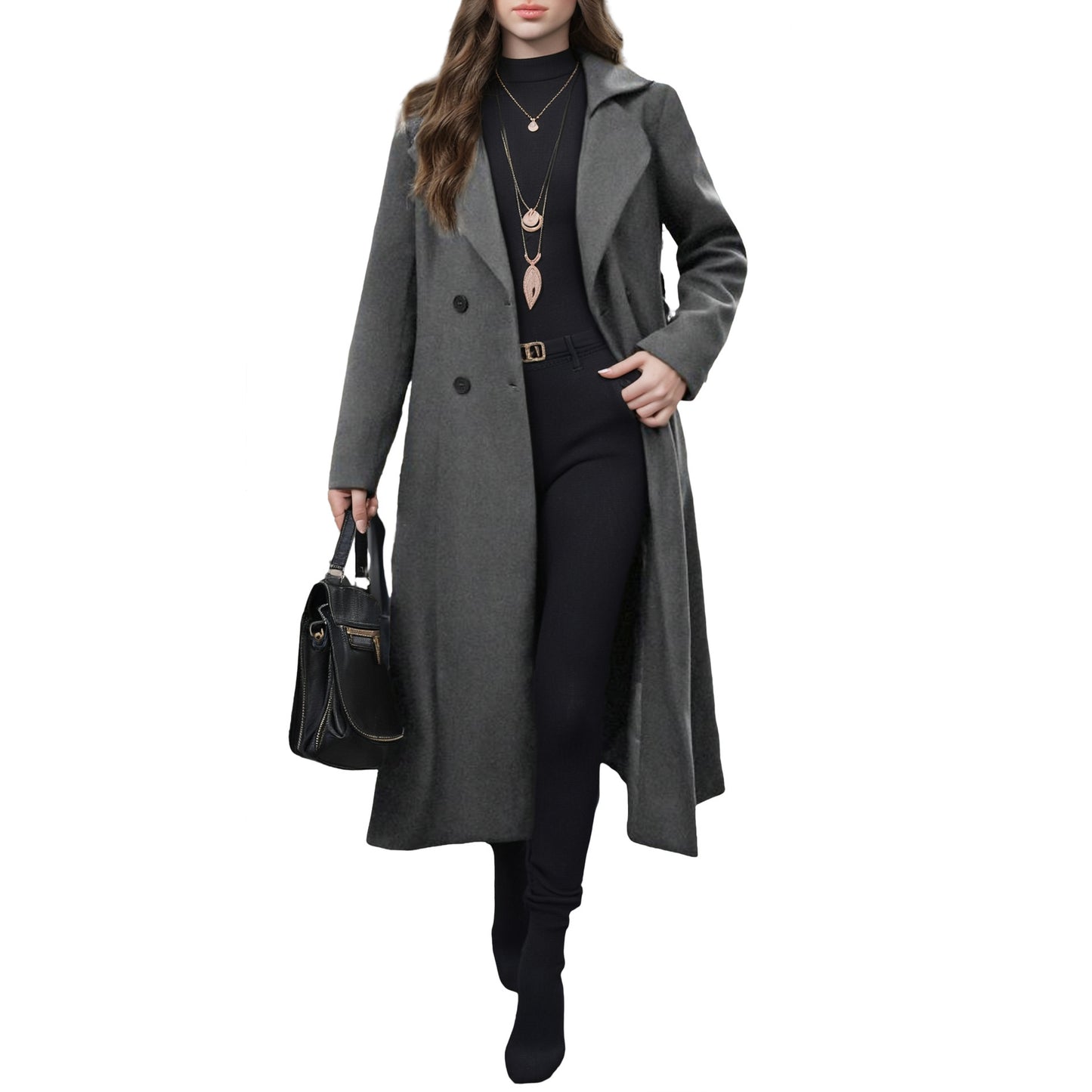 Women's Long Woolen Double-Breasted Coat With Lapel Collar And Belt