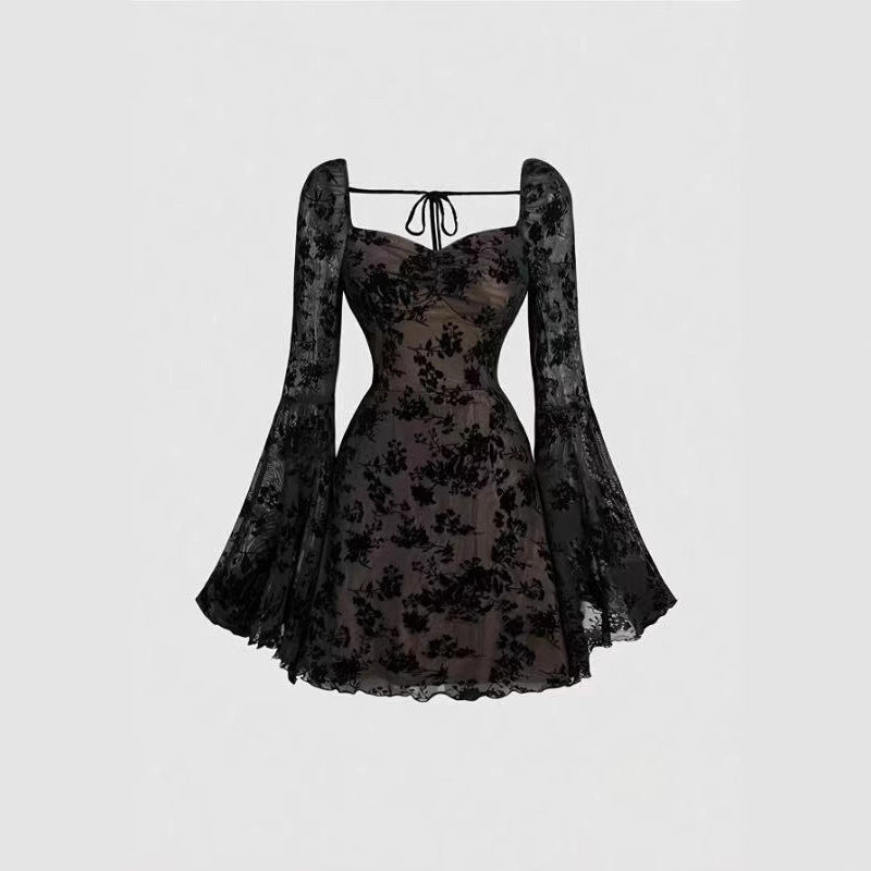 Black Floral Lace A- Line Short Top Skirt