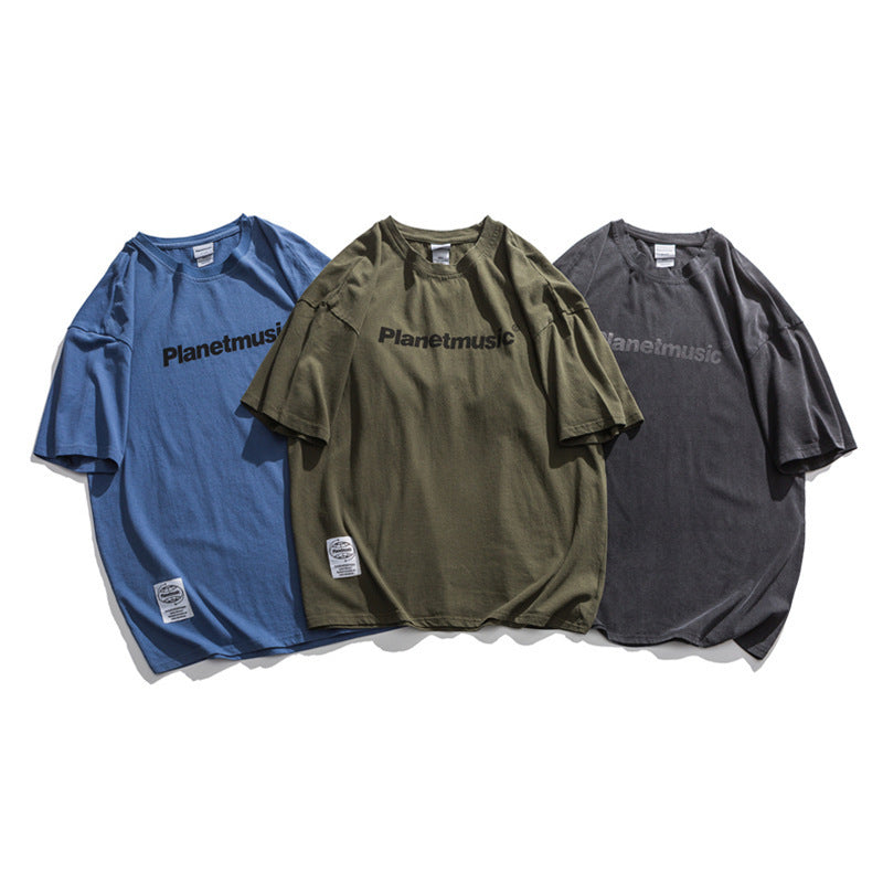 Japanese Retro Dropped Shoulder Letter Print T Shirt Men