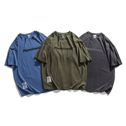 Japanese Retro Dropped Shoulder Letter Print T Shirt Men